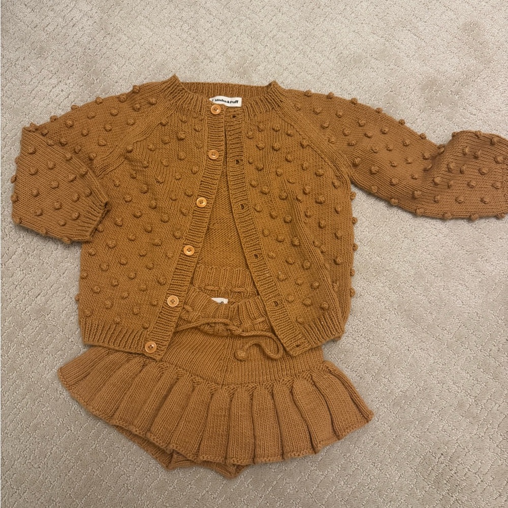 Misha and Puff caramel Knitted Cardigan and Skort Set